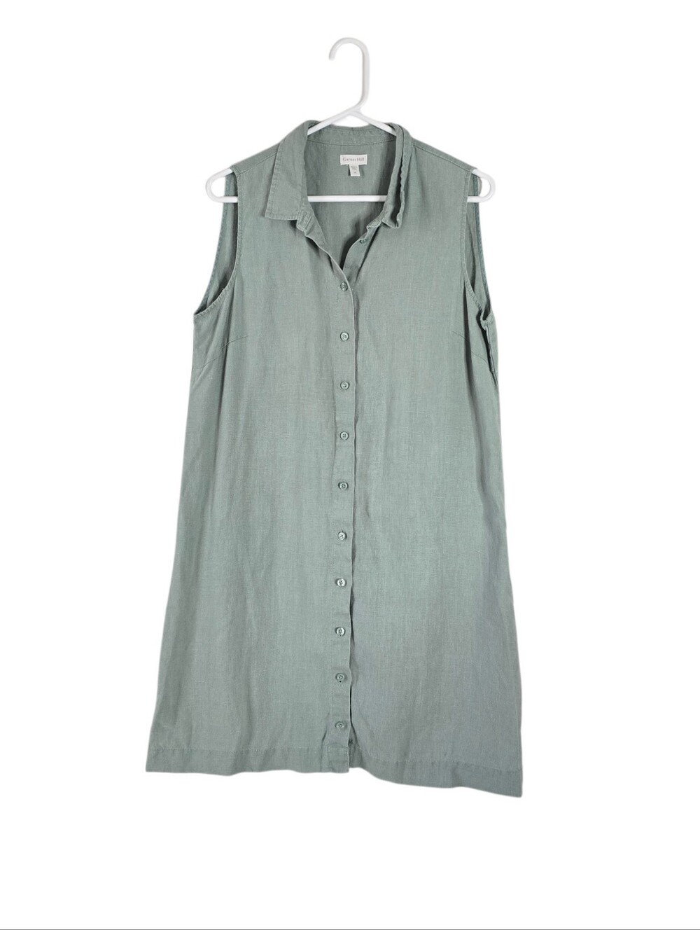 Garnet Hill Sage Classic Linen Shirtdress 10 Collared Button Front Minimalist - Picture 2 of 11